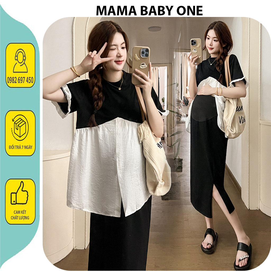Sét bầu v715 áo kèm chân váy xinh xắn dáng tiểu thư-sét gồm áo kèm chân váy thiết kế tiện lợi chất cotton phối lụa