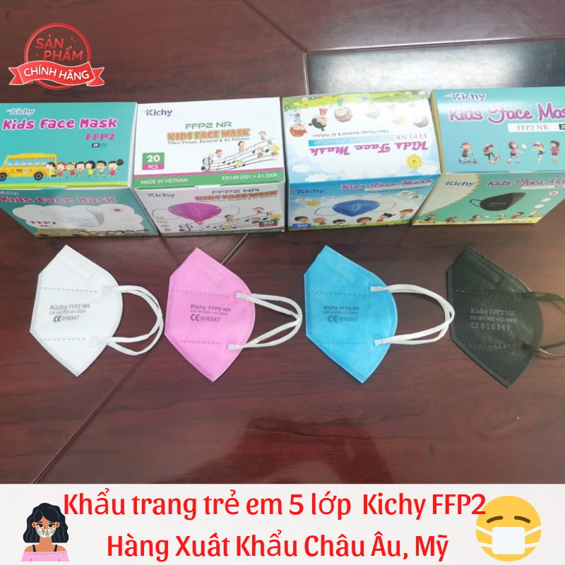 Khẩu trang y tế cho trẻ em FFP2 (tương đương khẩu trang N95) 5 lớp Kichy, chống bụi mịn PM2.5 hàng xuất khẩu Âu Mỹ, có nẹp chắc chắn, nhiều màu sắc