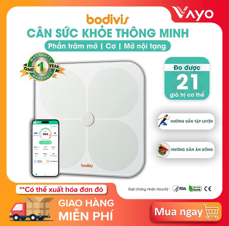 Cân sức khỏe có hướng dẫn tập luyện, ăn uống, thông minh, đo 21 chỉ số cơ thể, cao cấp chuẩn FDA, BODIVIS chính hãng