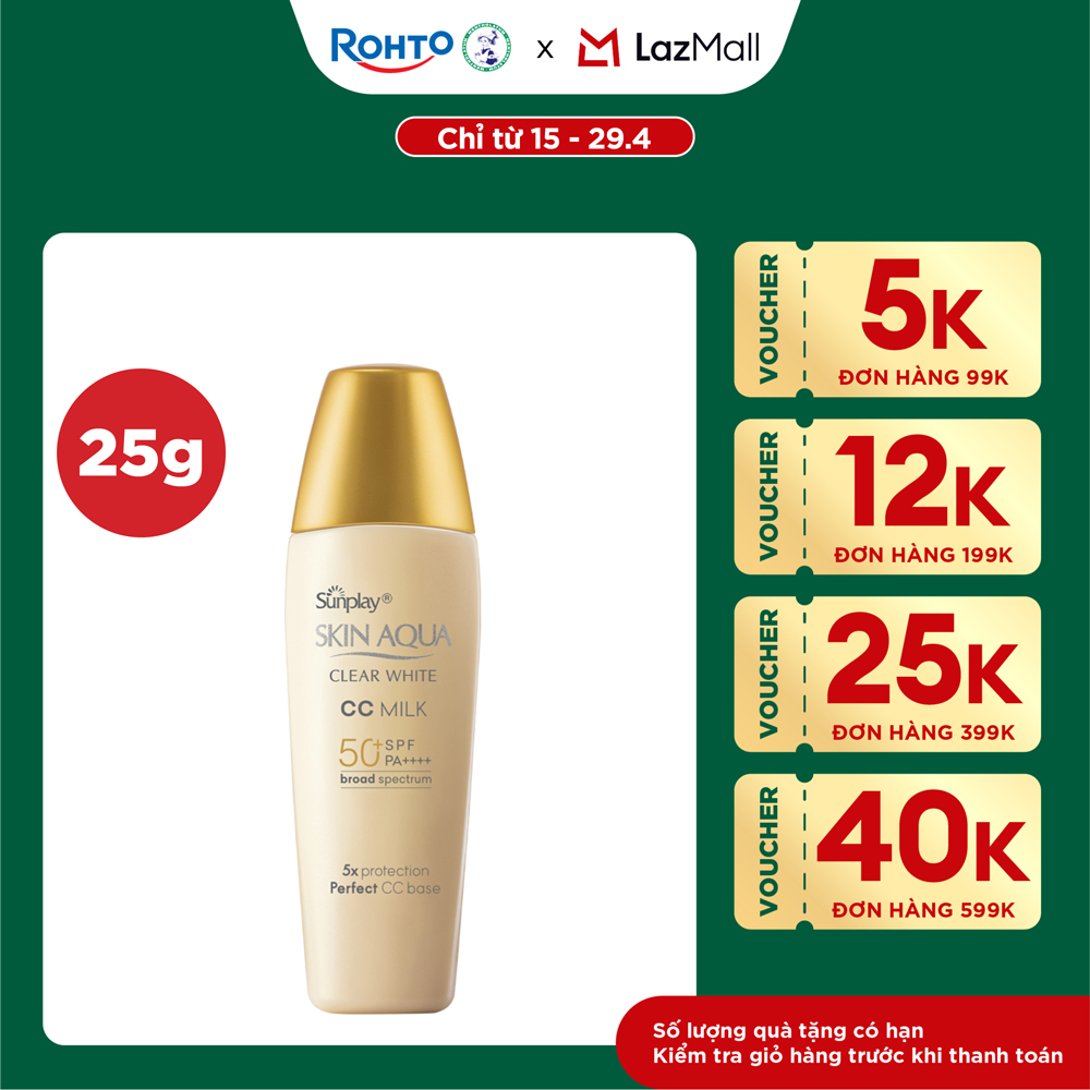 Kem chống nắng Skin Aqua trang điểm tạo nền trắng mịn  đều màu dạng sữa Sunplay Skin Clear White CC Milk SPF 50, PA++++ 25g