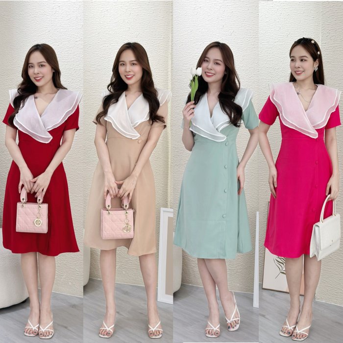 Đầm xòe cổ phối bèo, đính nút misa - ms0268