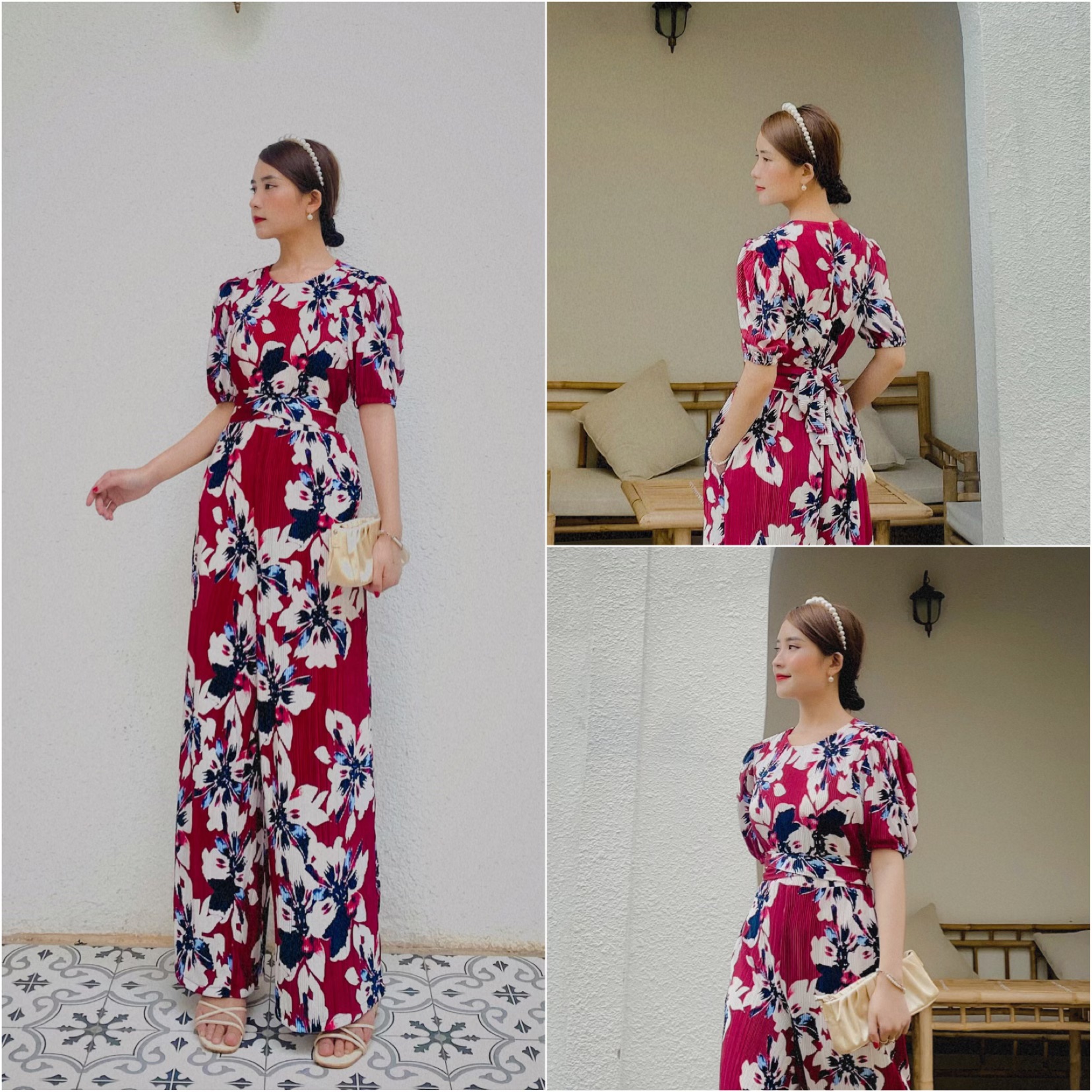 Jum/jumpsuit dài hoạ tiết tay phồng siêu sang phù hợp dạo phố, đi chơi, dự tiệc, chụp kỷ yếu, chất thun nhún đẹp -Jump