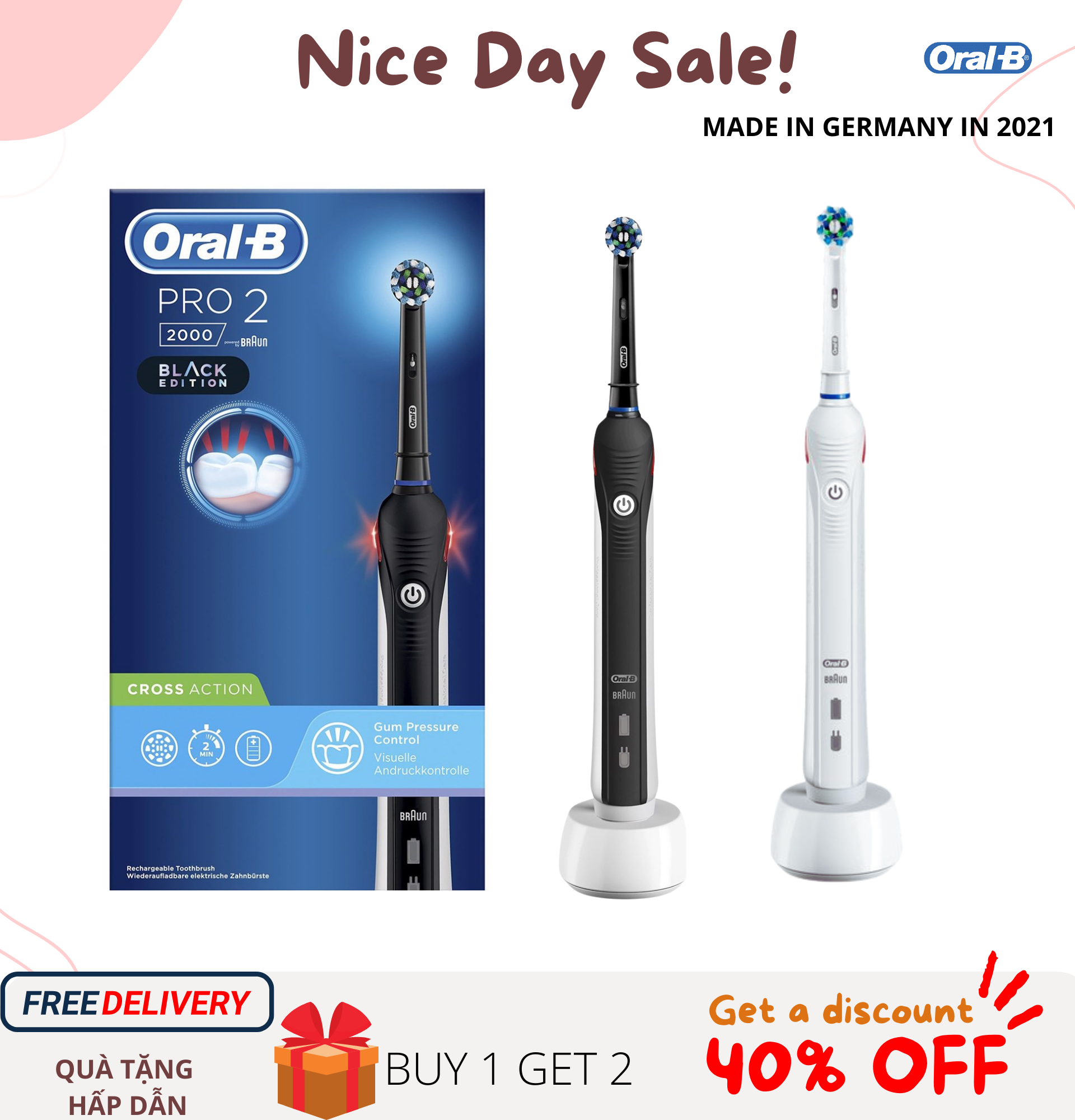 Bàn Chải Điện Oral B Pro 2  Có Chế Độ Massage Nướu Tự Động Và Cảm Ứng Va Chạm Chân Răng - Hàng Đức Chính Hãng - Oral B Electric Toothbrush