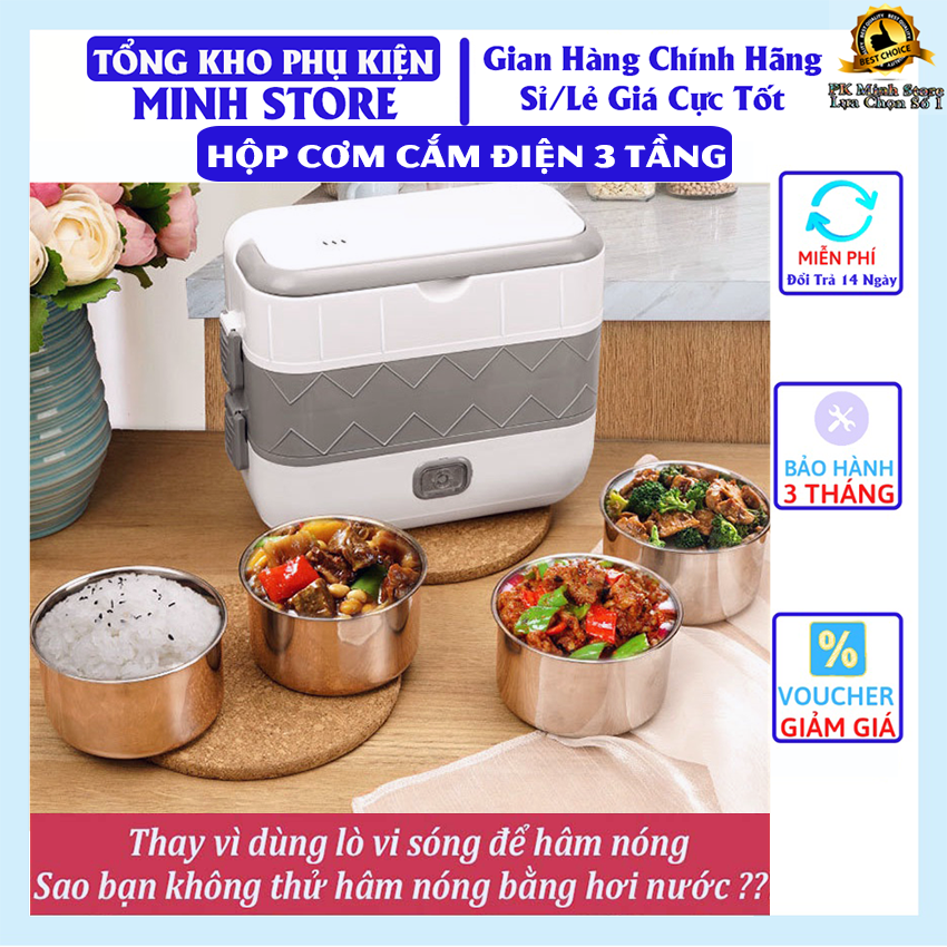 Hộp cơm xách tay cắm điện 3 tầng thời trang công sở/Hộp cơm Mini mang theo tiện dụng 6 chức năng, có kèm 4 bát Inox 304 cao cấp chống gỉ