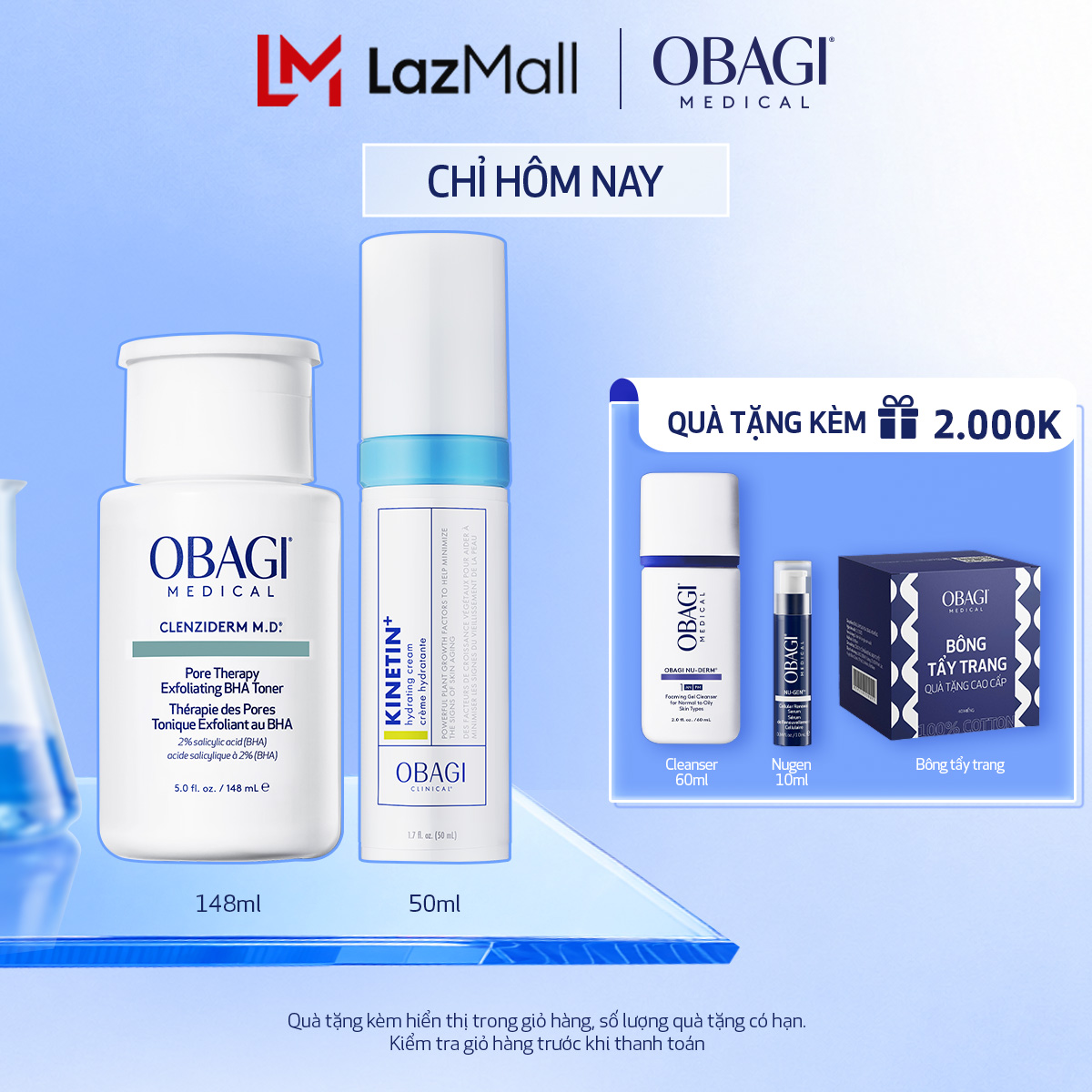 Bộ đôi dưỡng da Toner BHA làm sạch mụn và tẩy tế bào chết Obagi Medical Clenziderm M.D 148ml và Kem Dưỡng Phục Hồi Làm Dịu Da Obagi Clinical Kinetin+ Hydrating 50ml