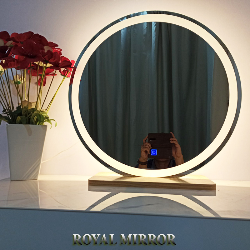 Gương trang điểm, gương để bàn chân gỗ, gương led cảm ứng tròn royal mã rtd kích thước tùy chọn 60cm 50cm 40cm