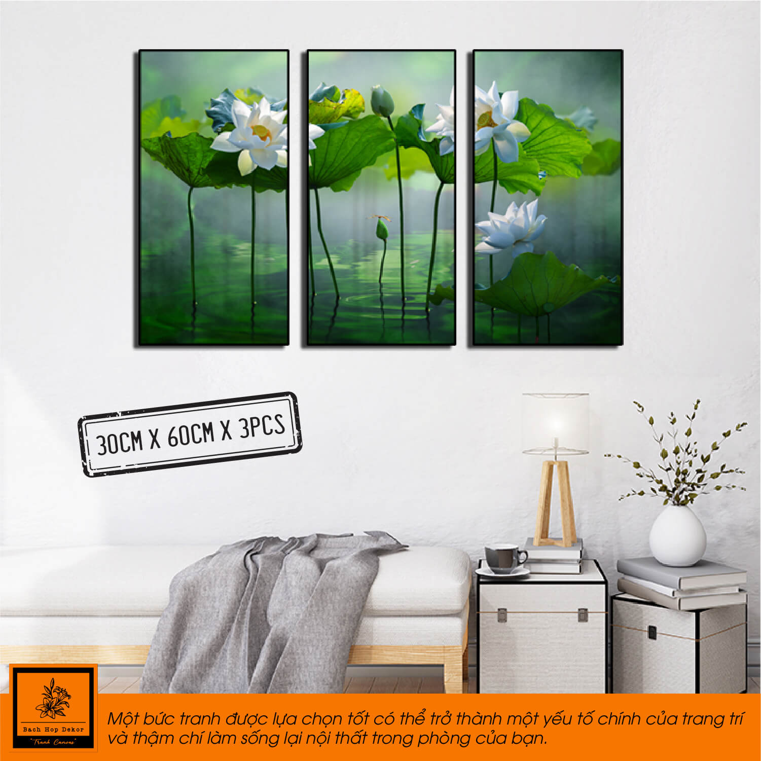 Tranh treo tường hiện đại hoa sen đẹp in trên canvas chất lượng cao (BH-70004424)