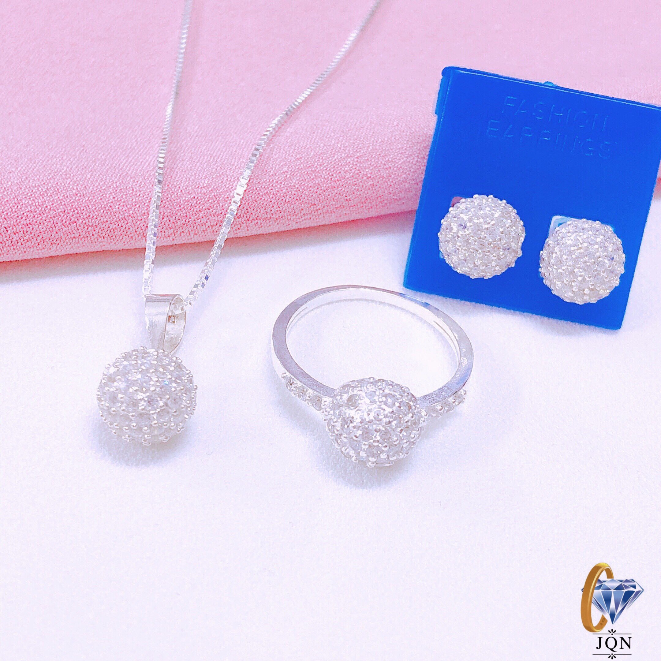 Bộ Trang Sức Bạc Mặt Cầu Tròn Đính Đá Cực Đẹp