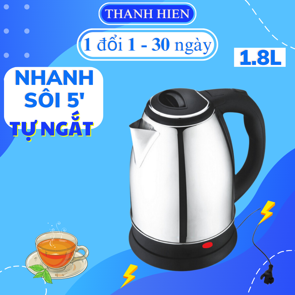 Ấm đun nước siêu tốc Dung Tích1.8L, Công Suất 1500W, Thân Ấm Inox tốt Đế Tiếp Điện Xoay 360 Độ, Tự Động Ngắt cao cấp