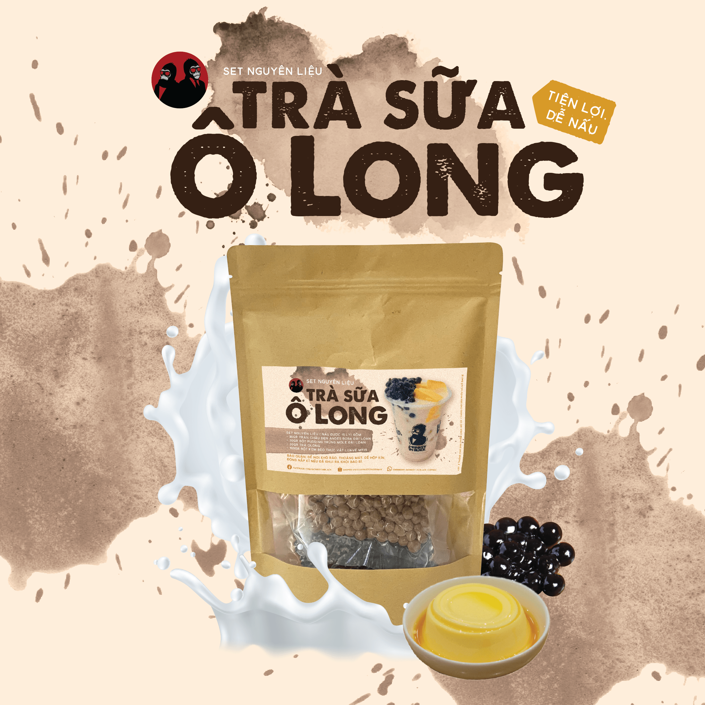 Set trà sữa Olong trân châu đen pudding trứng siêu ngon set 15 -25 ly full topping - Monkey In Black