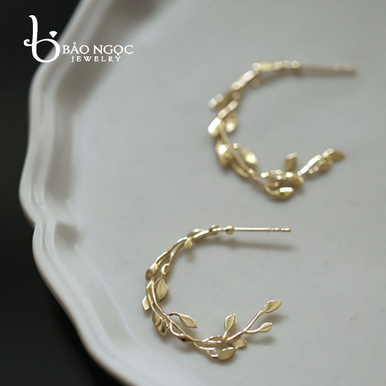 Bông Tai Bạc S925, Bông Tai Hình Nhành Lá Mạ Vàng 14k Độc Đáo- B2820 - Bảo Ngọc Jewelry