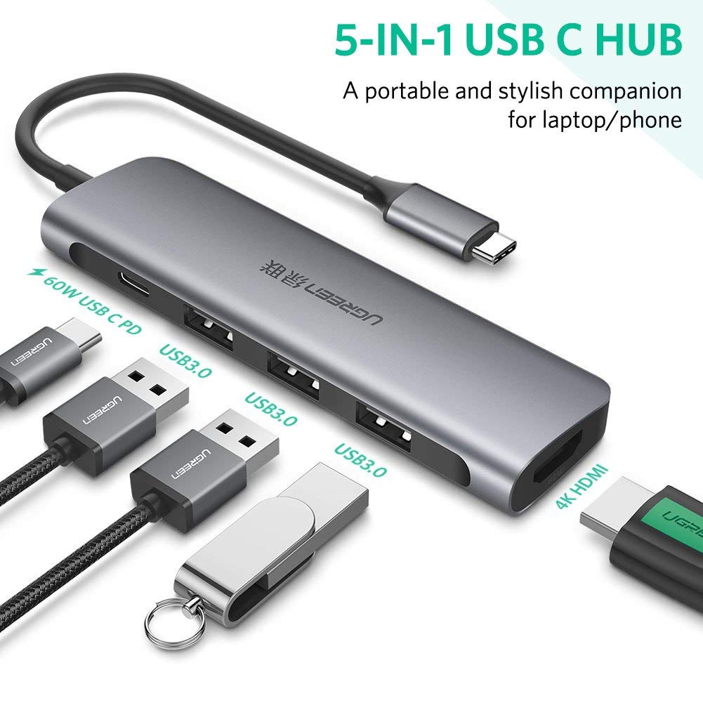 Cáp chuyển đổi 5in1 USB type-C sang HDMI/ Hub USB 3.0 Ugreen 50209 chính hãng