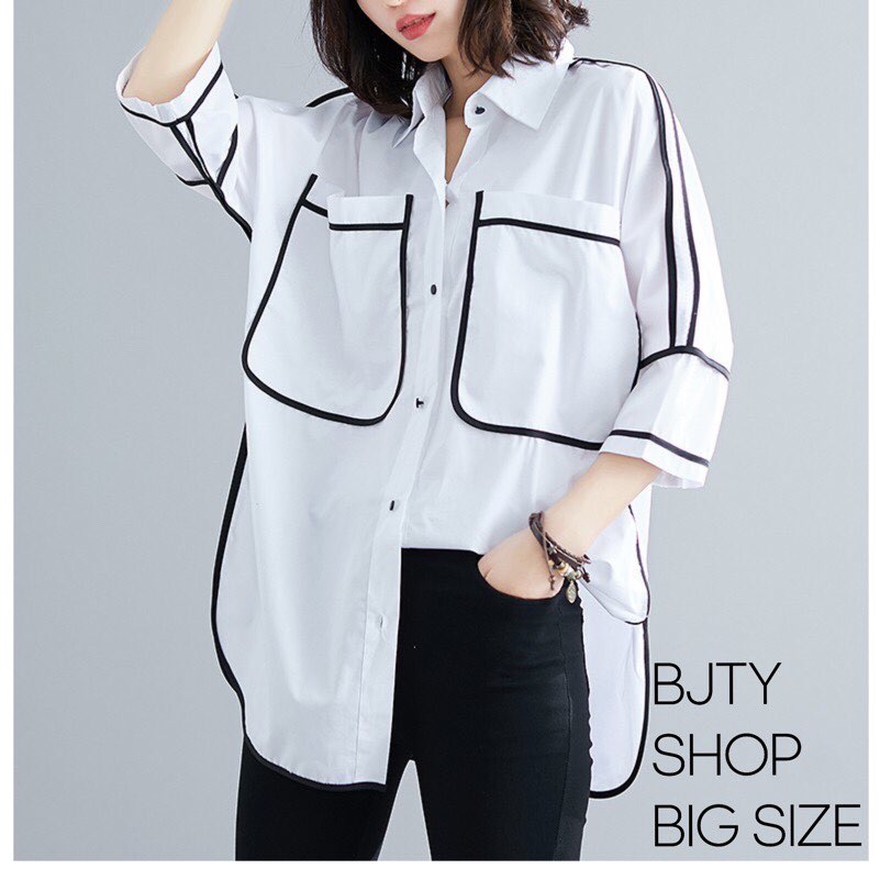 Áo sơmi nữ ulzzang big size 60kg đến 105kg - áo sơmi nữ form rộng dài size lớn - áo sơmi trắng viền đen tay lỡ big size - mũm mĩm house big size 60kg đến 150kg