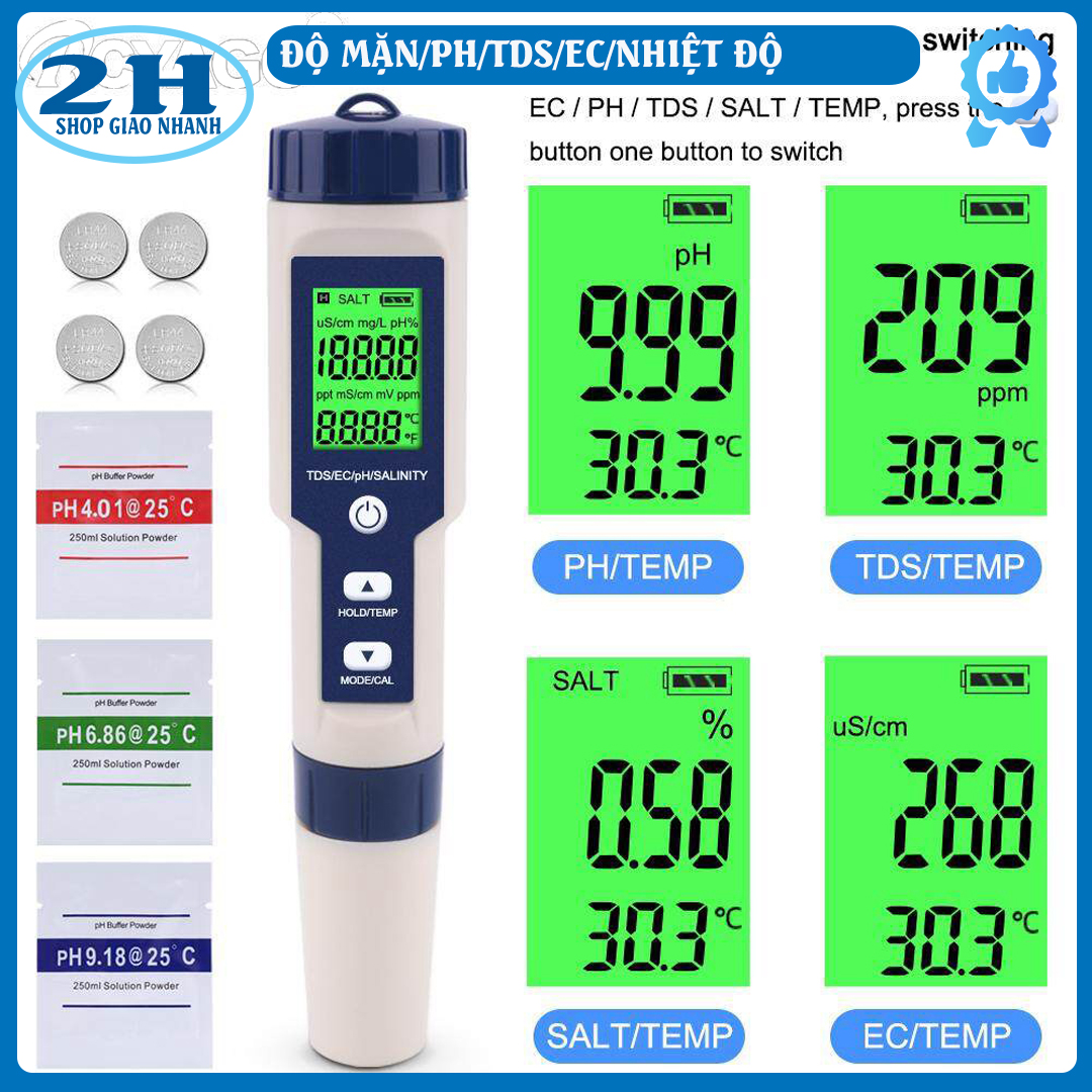 Bút đo độ mặn của nước 5 trong 1 ph/tds/ec/độ mặn/nhiệt độ kèm 3 gói ph chuẩn