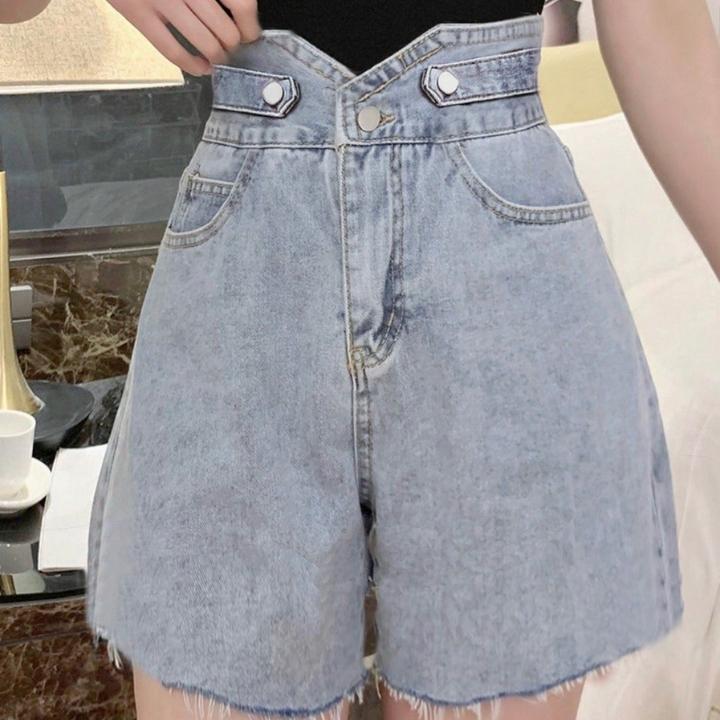 [freeship]Quần jean nữ lưng cao, quần short ngố jean ống rộng lưng cao phối nút, quần đùi jean trơn - hàng vnxk GIRLY STORE