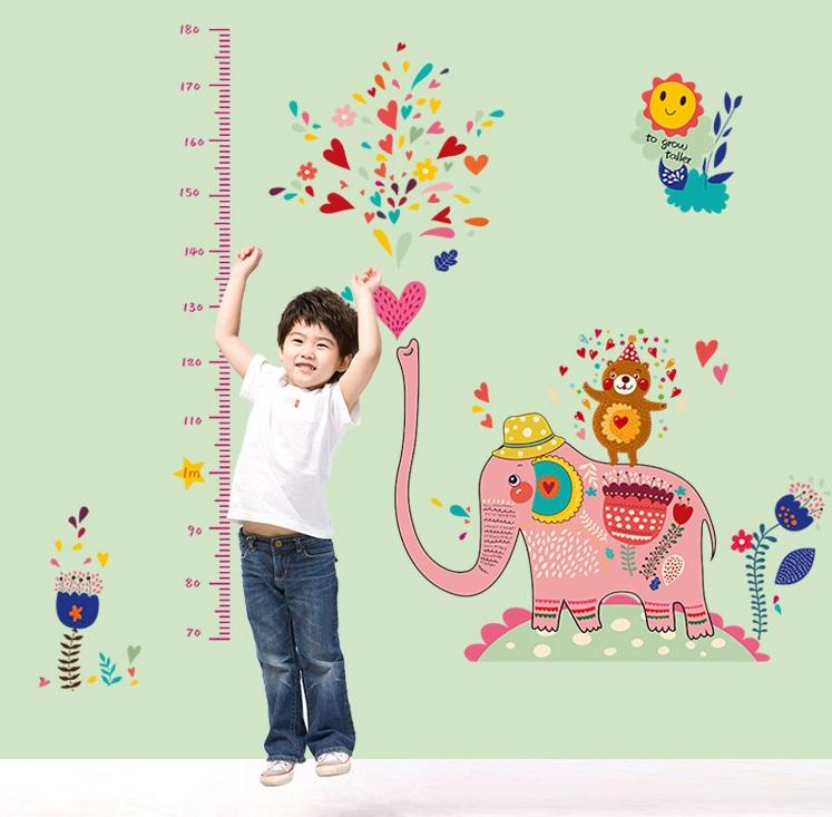 Decal dán tường Thước đo chiều cao voi hồng -T18-kiddecals