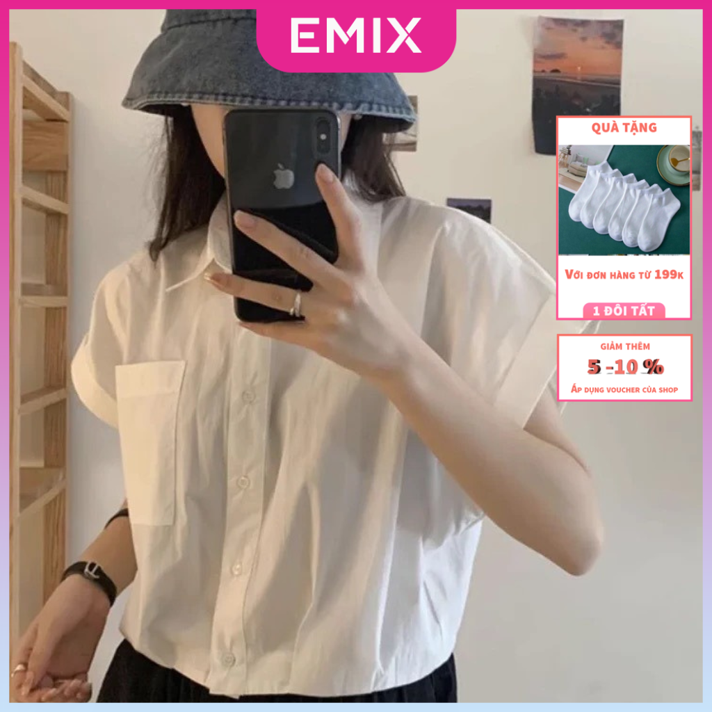 Áo sơ mi croptop tay gập EMIX, Freesize dưới 55kg, phong cách basic, chất thô mềm Aosomicrotptaygap163P13K12