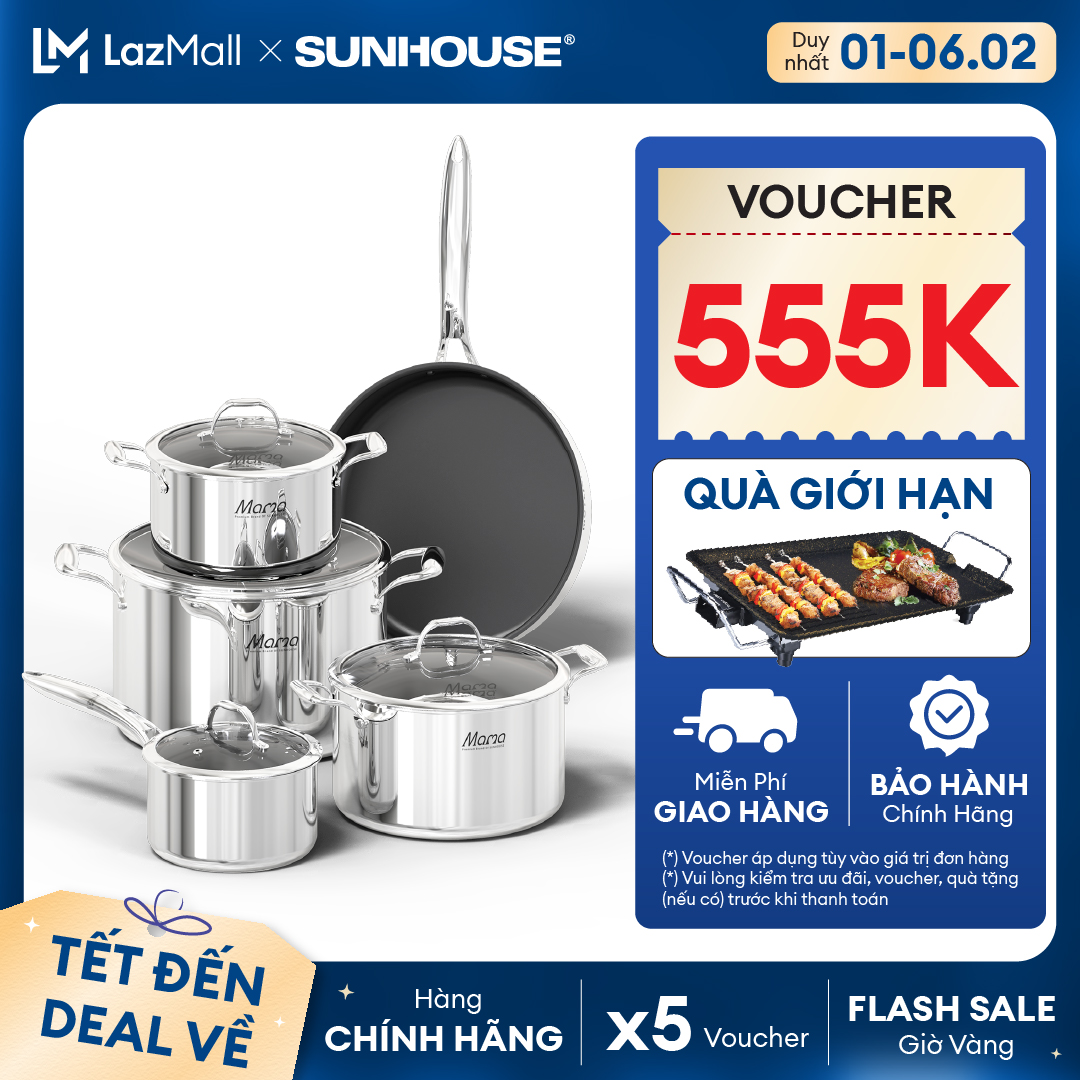 [TẶNG KÈM BẾP NƯỚNG] Bộ nồi chảo chống dính cao cấp Inox 304 SUNHOUSE MAMA SHG700 - Inox 304 Siêu bền - An toàn sức khỏe - Hàng Chính Hãng