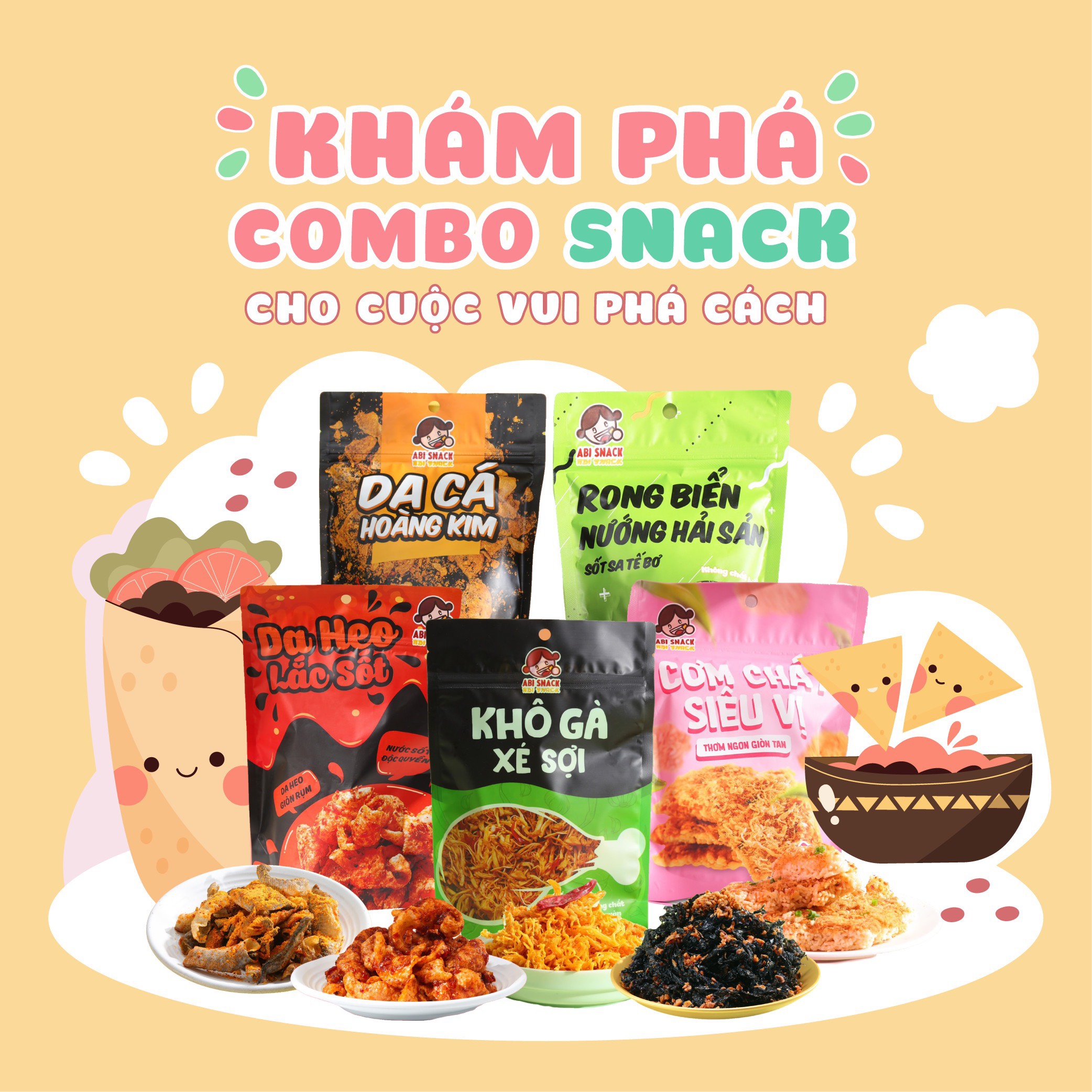 Combo snack 3 món bánh tráng abi gồm da heo - cơm cháy - khô gà