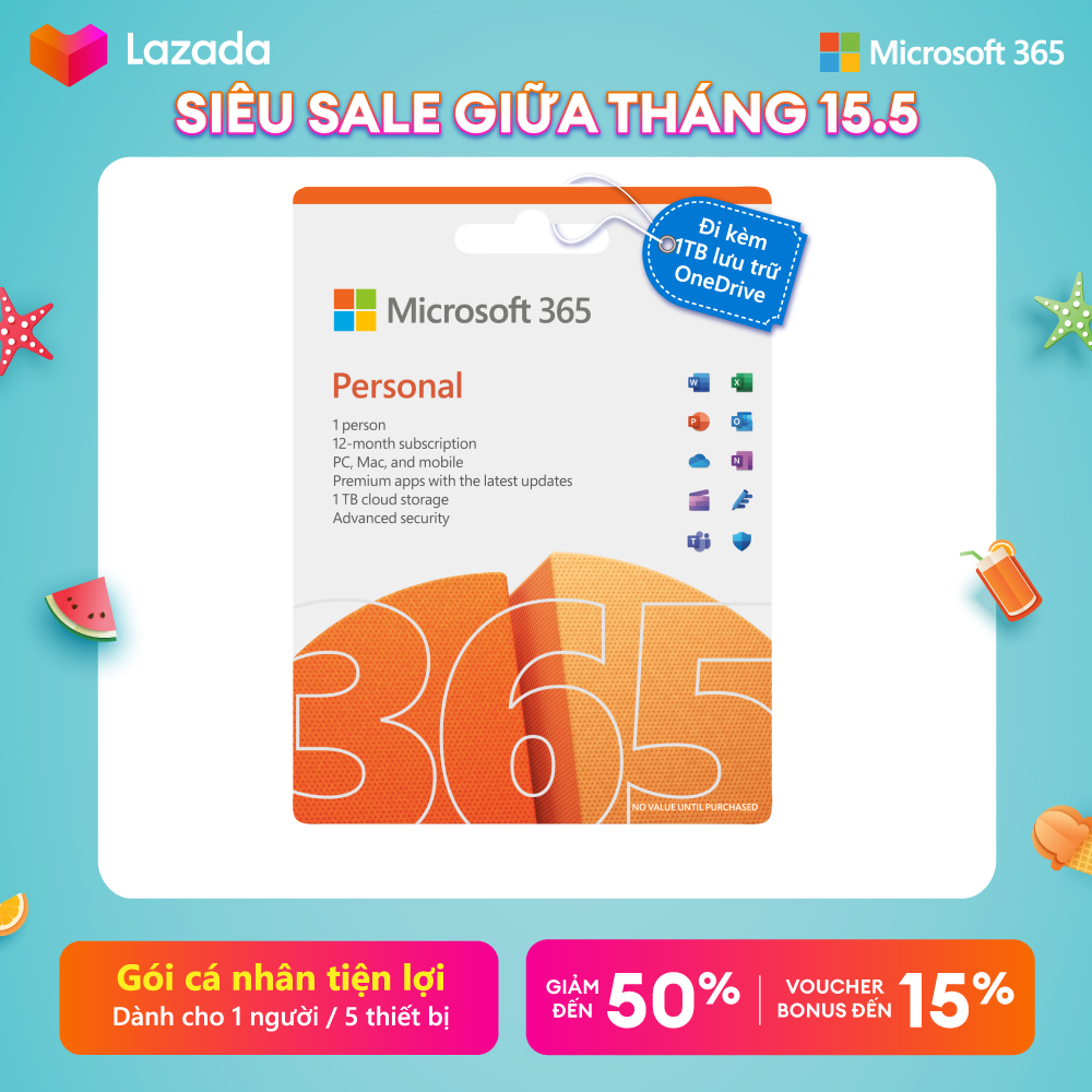 [ KEY GIA HẠN hoặc MUA MỚI ] Phần mềm Microsoft 365 PERSONAL | Dành cho 1 người | 12 tháng | 5 thiết bị/tài khoản | Word, Excel, PowerPoint | 1TB OneDrive