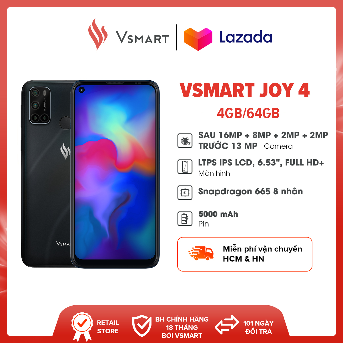 Điện thoại Vsmart Joy 4 (4GB/64GB)-Hàng chính hãng-Bảo hành 18 tháng-101 ngày đổi trả