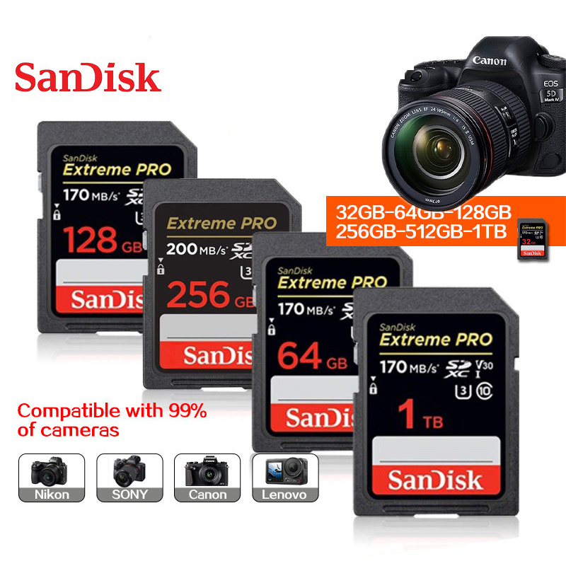 Thẻ nhớ SDXC 256GB 128GB 64GB 1TB SanDisk Extreme Pro U3 V30  200 MB/giây cho máy ảnh kỹ thuật số