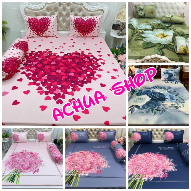 Bộ ga drap thun siêu lạnh ý 5d họa tiết sang chảnh hoa lá - achuashop