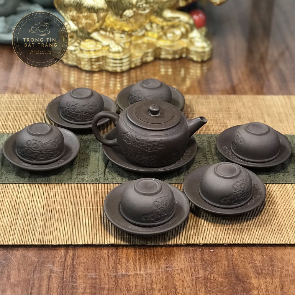 Bộ ấm trà đạo tử sa bát tràng khắc chìm hoa đào thạch biều ahs 22
