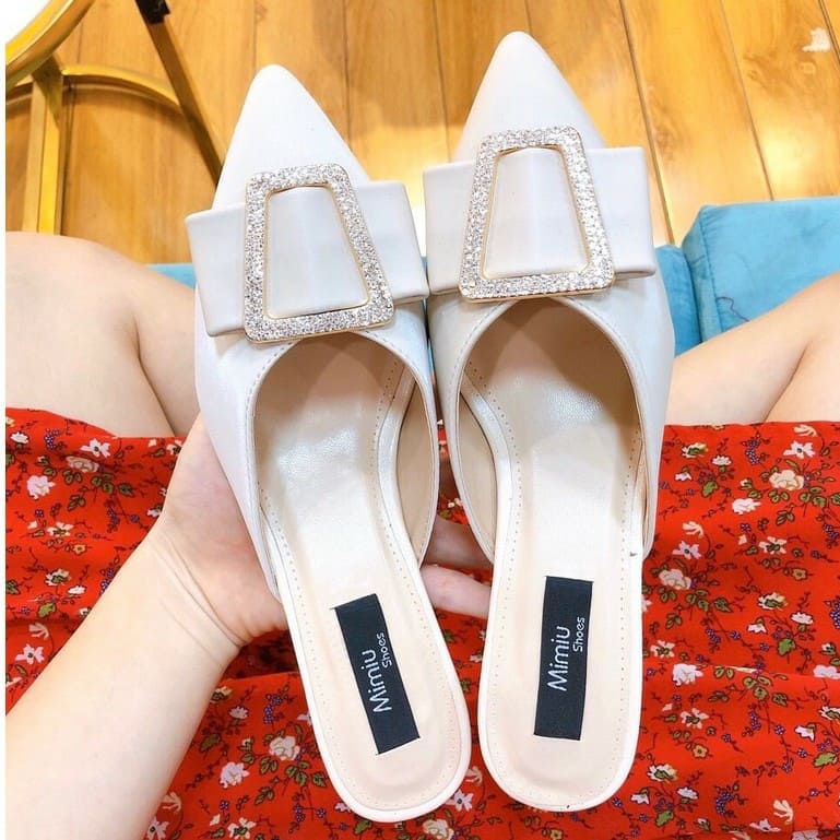 Giày sục nữ đế vuông, giày cao gót thời trang mũi nhọn, hở gót, gót cao 5cm, form chuẩn màu đen và kem