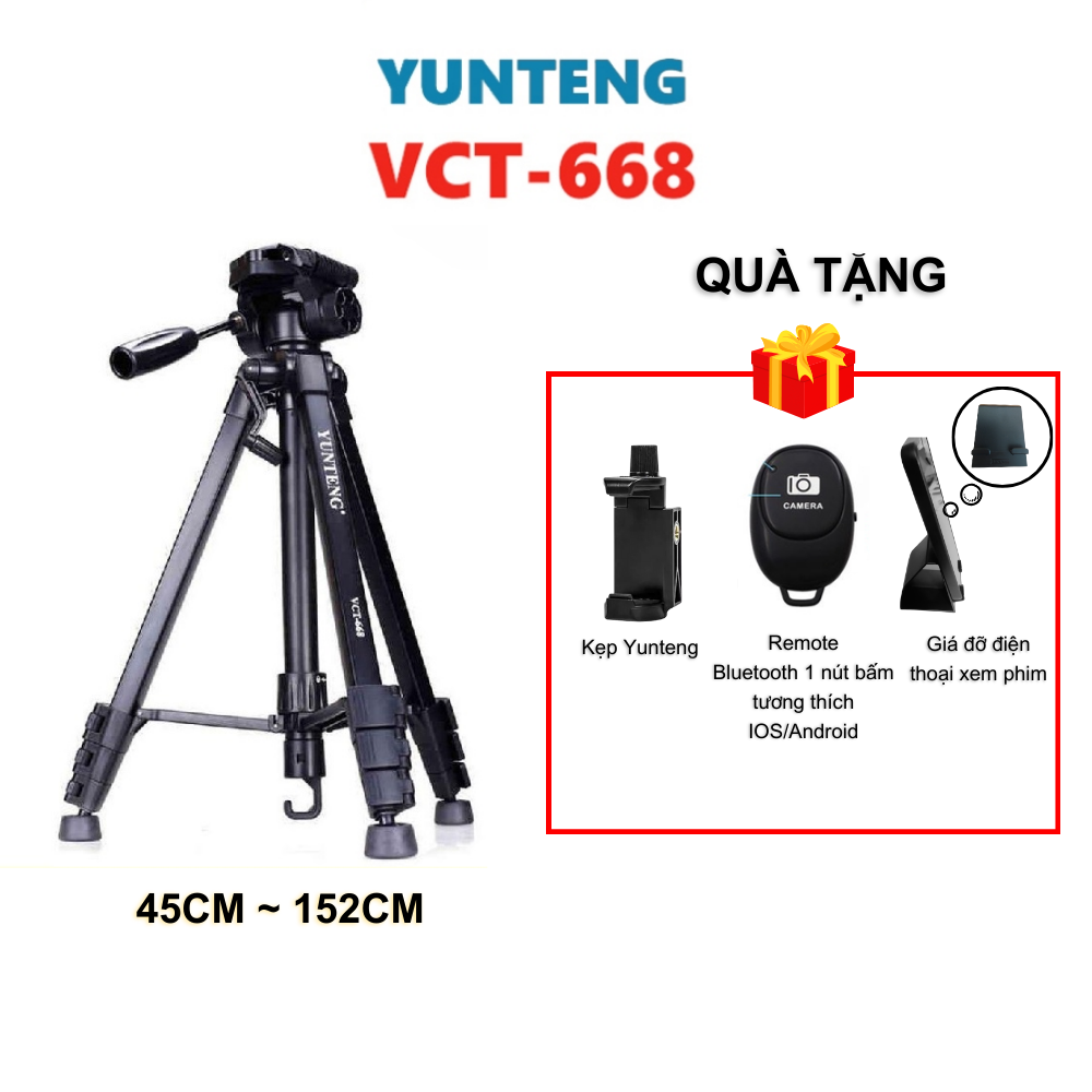 CHÂN MÁY ẢNH TRIPOD YUNTENG VCT-668 (Tặng kẹp điện thoại Yunteng và Remote Bluetooth)