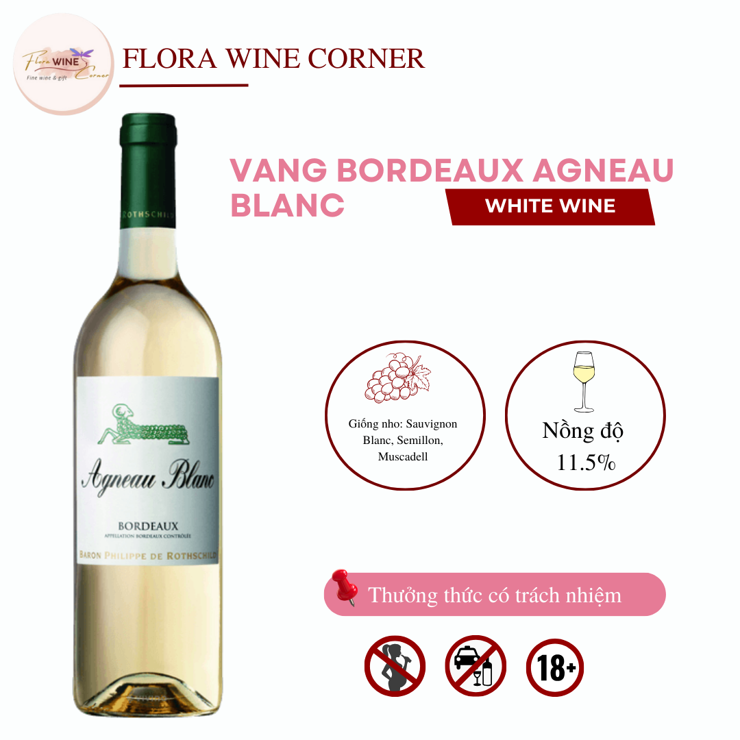 Rượu vang trắng Pháp Agneau Blanc Bordeaux – Nồng độ 11.5% Alc, 750ml - Nhập khẩu Chính Hãng