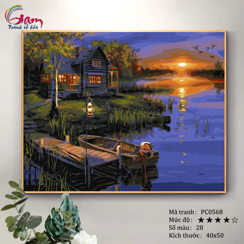 Giảm giá Tranh tự tô màu sơn dầu số hóa DIY phong cảnh - Mã PC0568 Cảnh đêm  hồ nước bến thuyền ngôi nhà nhỏ - BeeCost