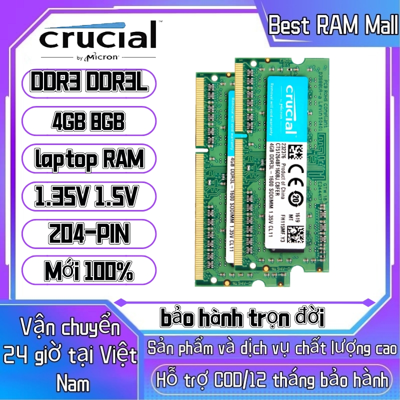 Crucial ram cho máy tính xách tay 4g 8gb ddr3 1333mhz 1600mhz laptop pc3-12800 ddr3l 1.35v pc3l-10600 204pin so-dimm notebook memory
