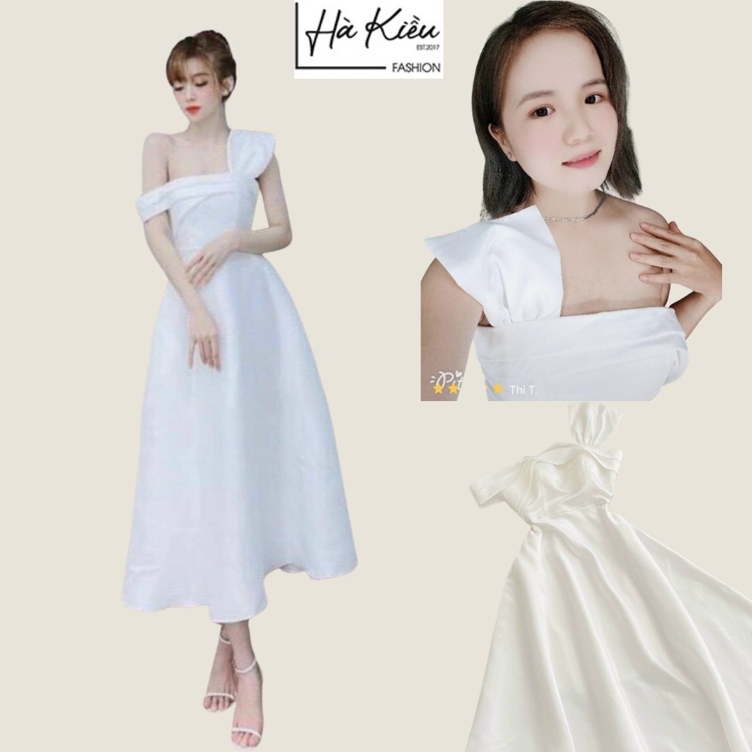 [HCM]Đầm váy nữ dự tiệc trắng lệch vai dáng xòe sang chảnh xinh đẹp phong cách thời trang Hà Kiều MSP354