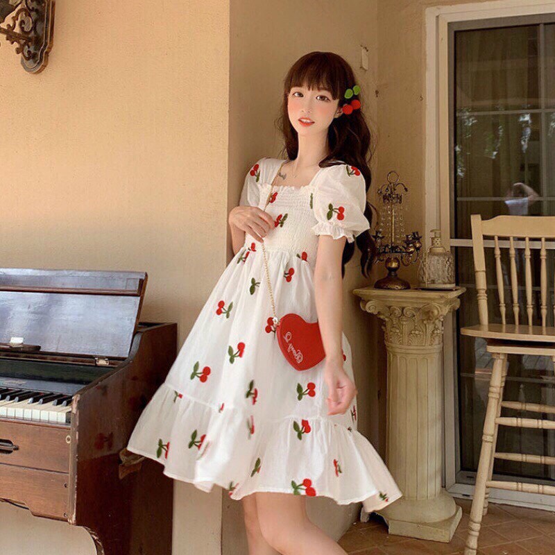 [15-17.5 Hoàn tiền 15%]  Đầm tiểu thư tay phồng bo chun trước ngực họa tiết hình cherry dễ thương váy xòe mặc đi chơi sống ảo siêu đẹp chất vải thoáng mát form đẹp