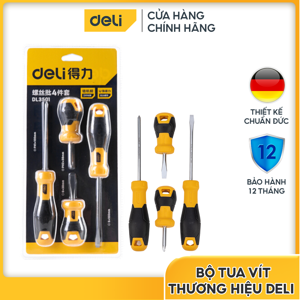 Bộ Tuốc Nơ Vít Từ Tính Deli DL3501 Tua Vít Đầu Phẳng Tay Cầm Chống Trượt Tiện Lợi - Hàng Chính Hãng Nhập Khẩu Deli - Bảo Hành 12 Tháng