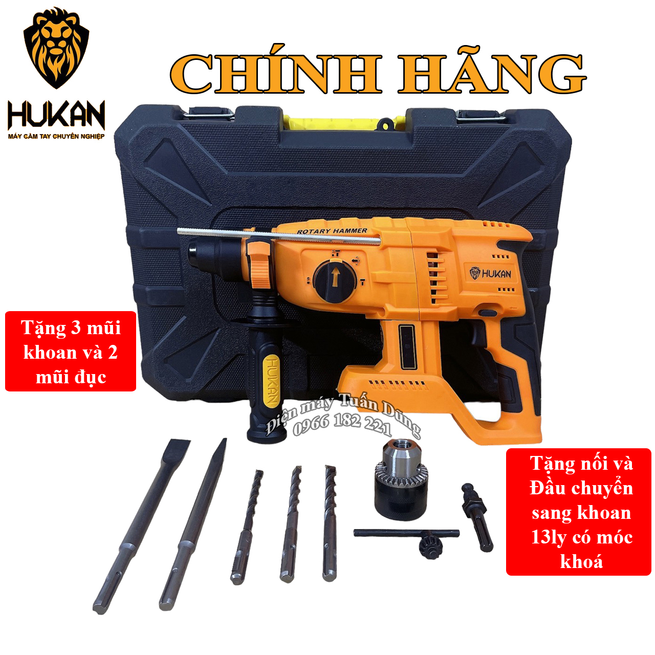 Thân máy khoan bê tông dùng pin Hukan 2808BL 3 chức năng Tặng 5 Mũi khoan đục + Đầu khoan 13 ly Sắt