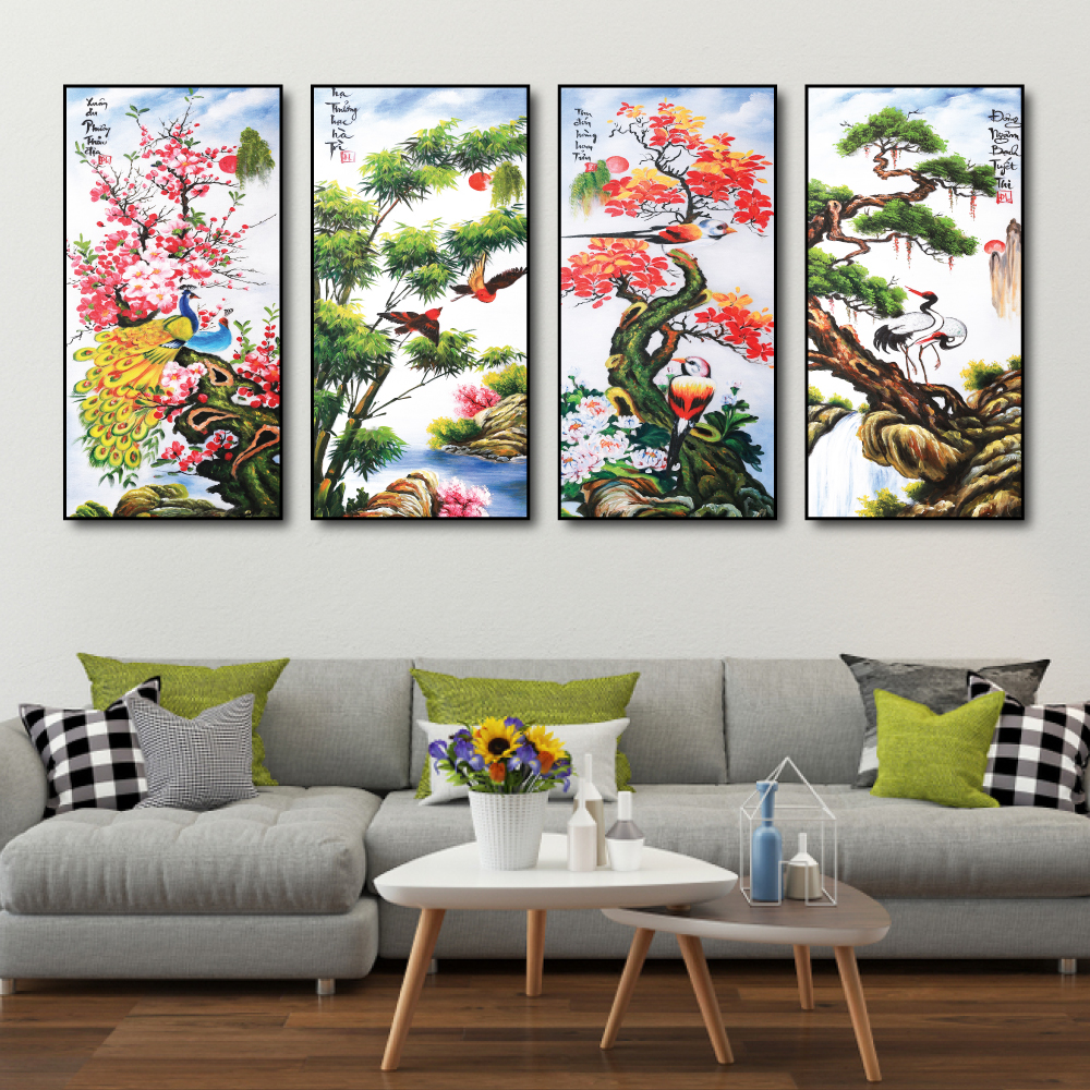 Tranh treo tường 4 tấm có khung tranh tứ quý treo tết tranh tùng trúc cúc lan mộc mạc Tranh gỗ tứ quý Tranh canvas treo tường tranh phòng khách khổ lớn 1m tranh treo phòng khách khổ lớn
