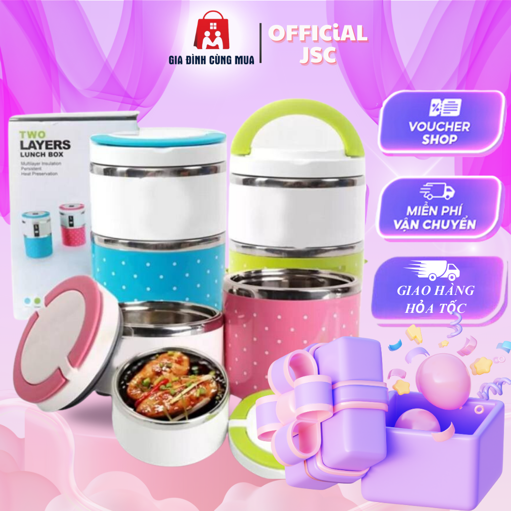 Camen Đựng Cơm 3 Ngăn Chấm Bi Đep - Hộp Đựng Cơm 3 Tầng Inox Giữ Nhiệt - Có Quai Cầm Tiện Lợi - Phù Hợp Mọi Hoàn Cảnh