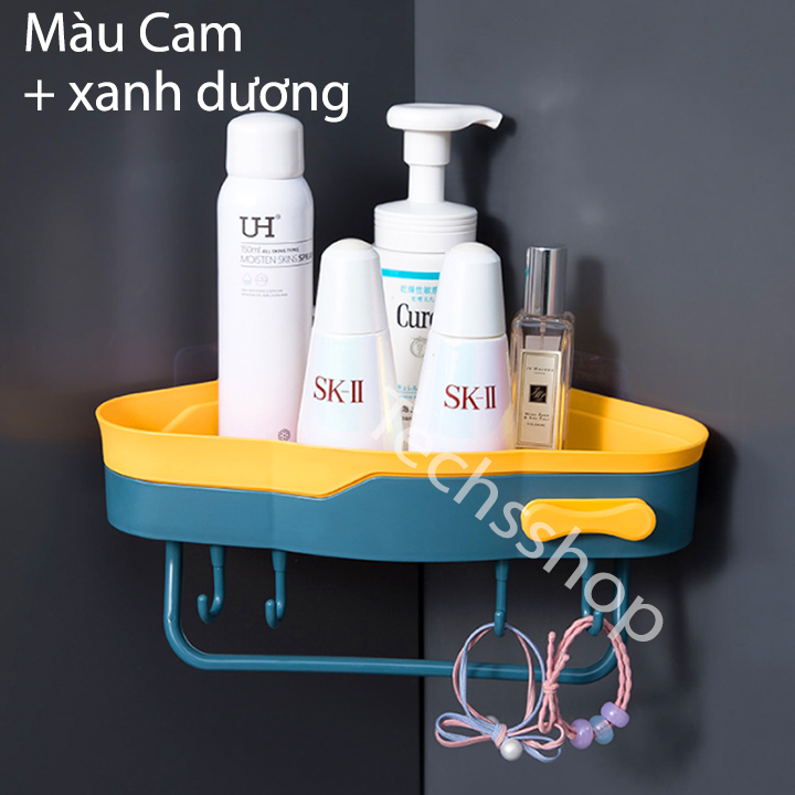 Kệ nhà tắm đa năng dán góc tường bằng nhựa có 4 móc và nơ máng khăn bông tắm - Kệ góc tường hình tam giác để bàn chải dầu gội kem đánh răng - Đồ dùng nhà vệ sinh - Kệ gia vị nhà bếp