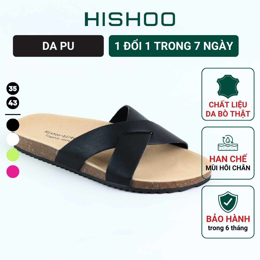 Dép đế trấu birken nam nữ unisex quai ngang chéo Da tổng hợp bigsize 35 - 43 chính hãng Hishoo S096