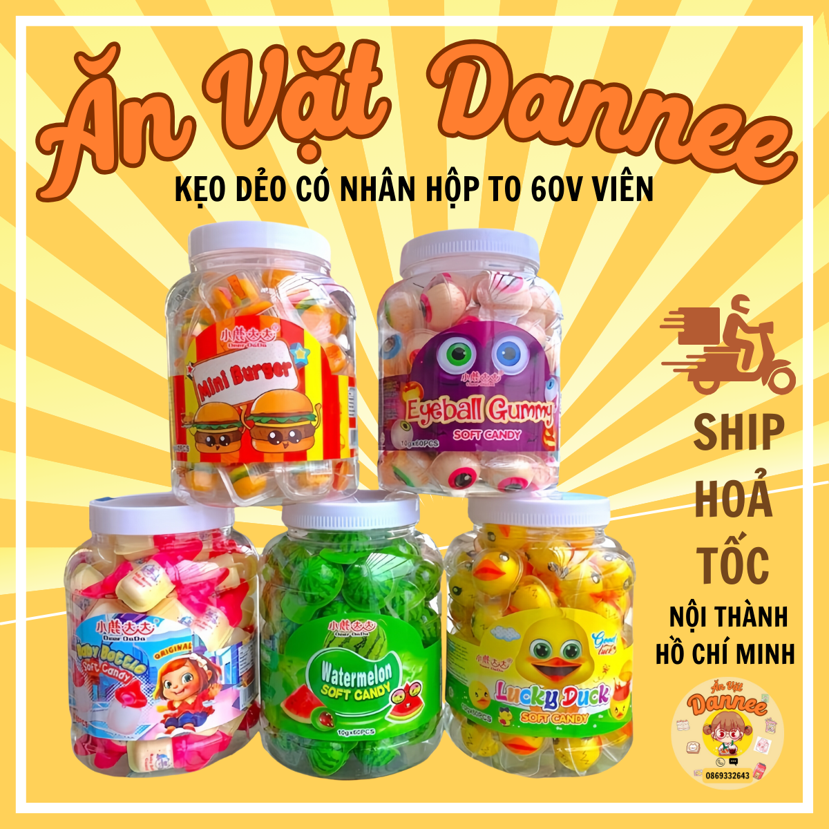 Kẹo dẻo có nhân hình con mắt, dưa hấu, con vịt, bình sữa, mini burger hộp 60 viên - Ăn vặt Dannee