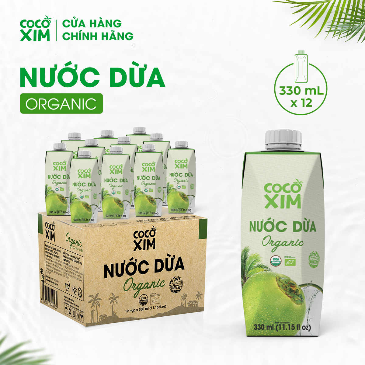 Thùng 12 Hộp Nước dừa đóng hộp Cocoxim Organic 330ml/Hộp