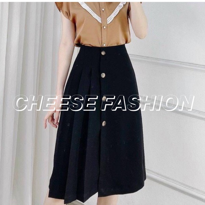 Chân váy xếp ly dáng dài 4 khuy siêu hot