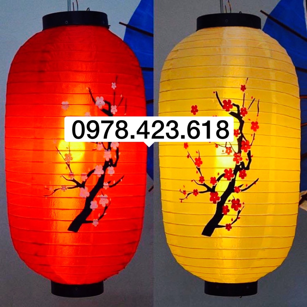 Đèn lồng Vải Hoa đào trang trí Tết - đèn lồng hoa mai, in chữ hình trụ dài chồng nước Trung Quốc, Nhật Bản treo lễ hội, nhà hàng, khu du lịch, siêu thị, hội chợ, quán cà phê