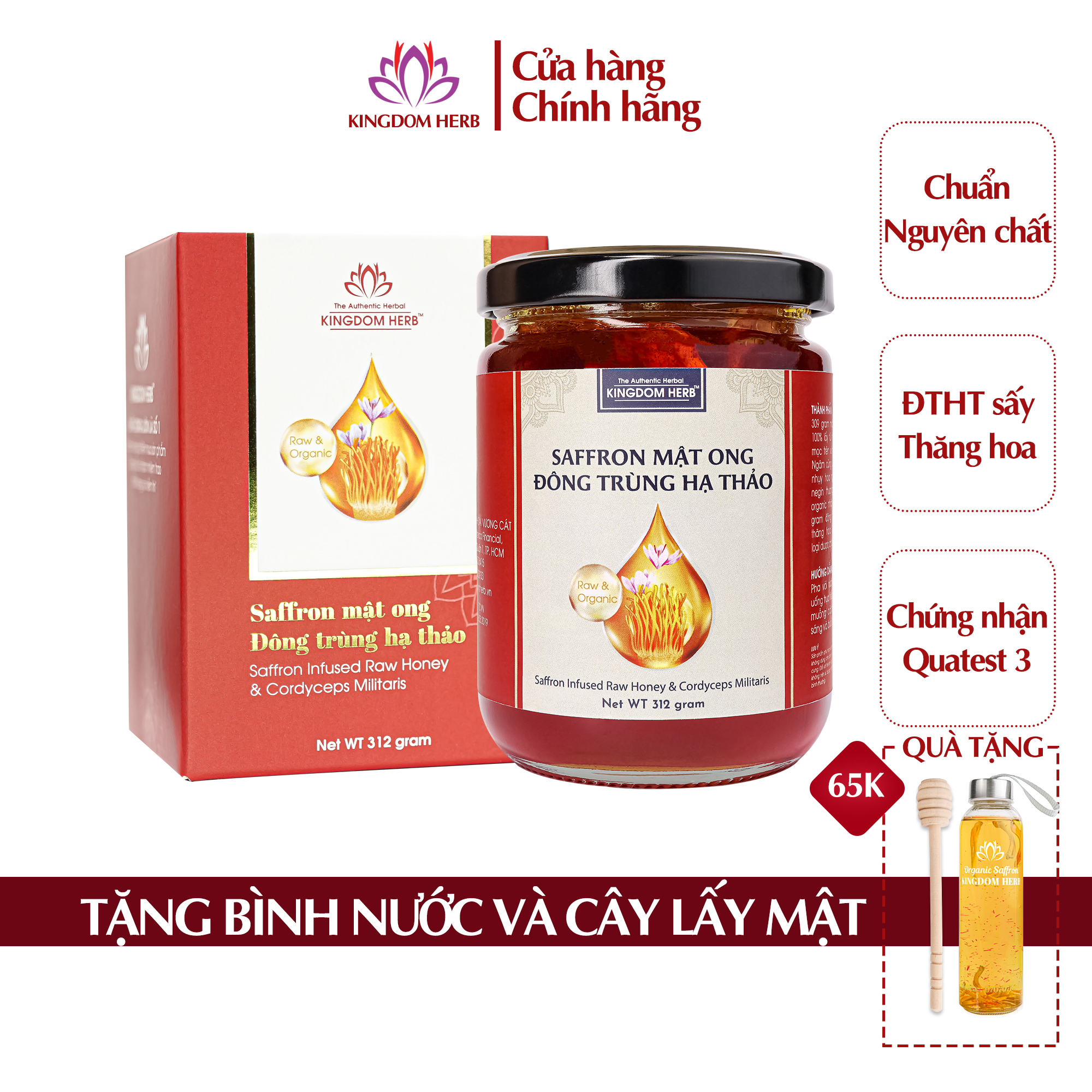 Mật ong saffron đông trùng hạ thảo Kingdom Herb chính hãng hộp 312g (2g đông trùng + 1g saffron + 309g mật ong)