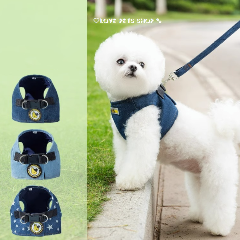 Bộ dây dắt Chó Mèo kèm yếm ngực bản lớn bằng vải jean 2 lớp - Love Pets Shop