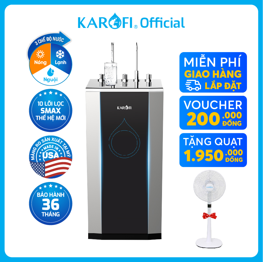 Máy (bình) lọc nước nóng lạnh 2 vòi 3 chế độ KAROFI KAD-D50 - 10 lõi lọc Smax - Bảo hành 36 tháng