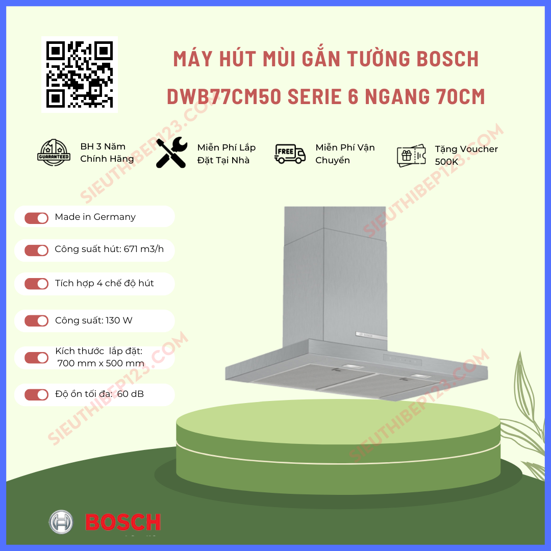 Máy hút mùi Bosch DWB77CM50 - Gắn tường, 70cm, Màu bạc, Serie 6