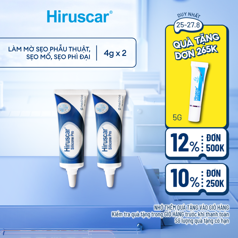 Bộ 2 Gel xử lý sẹo mổ,sẹo to,sẹo lồi & phì đại Hiruscar Silicone Pro 4g